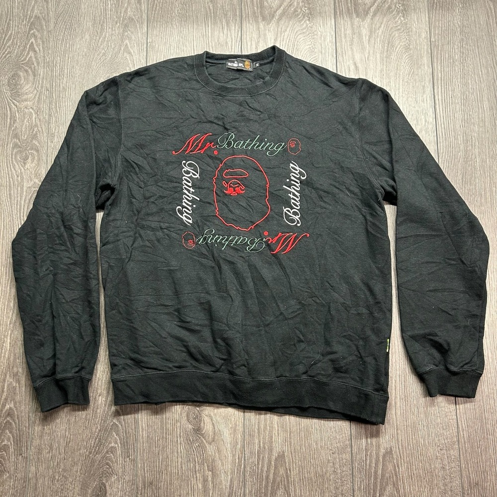 Mr Bathing Ape Sweatshirt Mens XL Black Embroidered Ape Head Logo BAPE Pullover